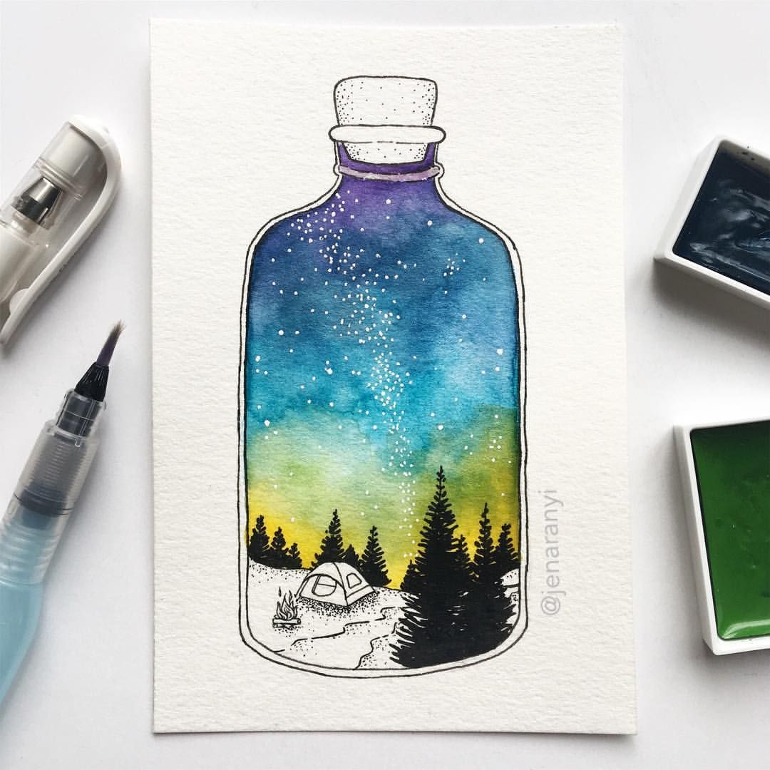 Painted picture of camping scence encased in a water bottle.