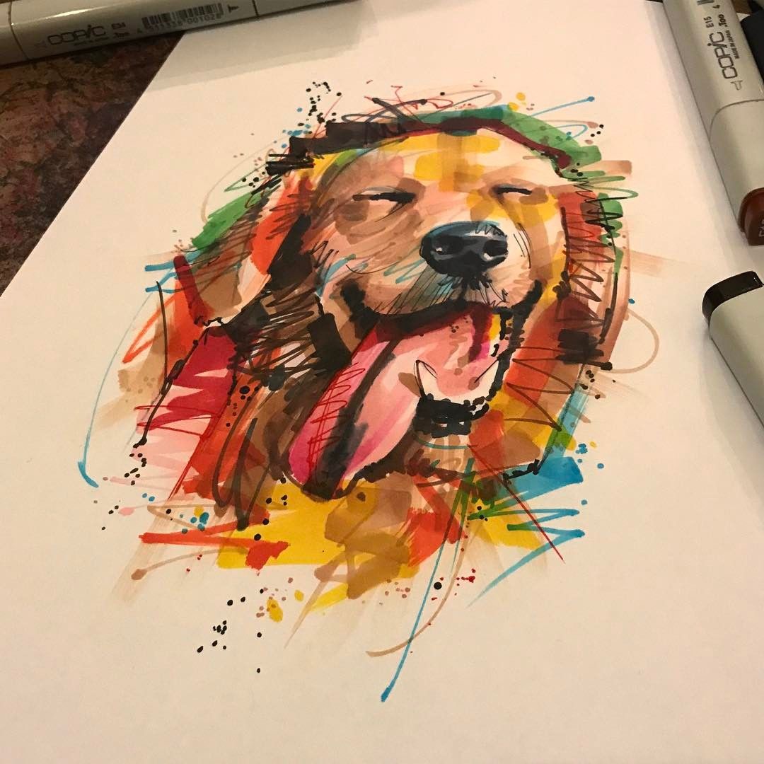 Painted picture of golden labrador retriever with paint markers surrounding page.