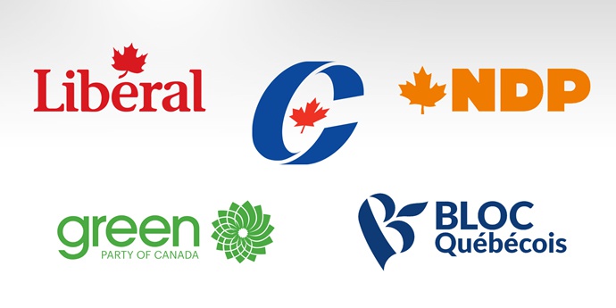 The five logos of the main Canadian political parties.